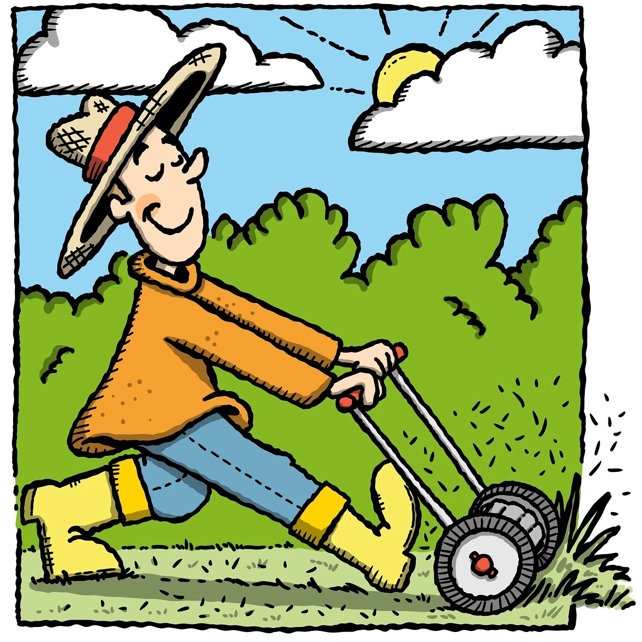 Cartoon, der einen Gärtner mit Strohhut beim Rasenmähen zeigt.